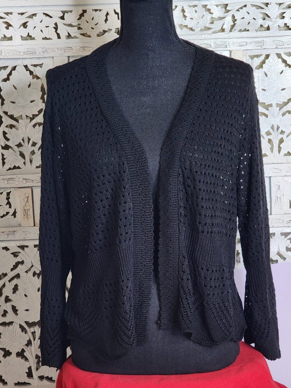 Sweet Kizz Black Open Front Open Weave Bell Sleeve Acrylic Knit Shrug Size 3X